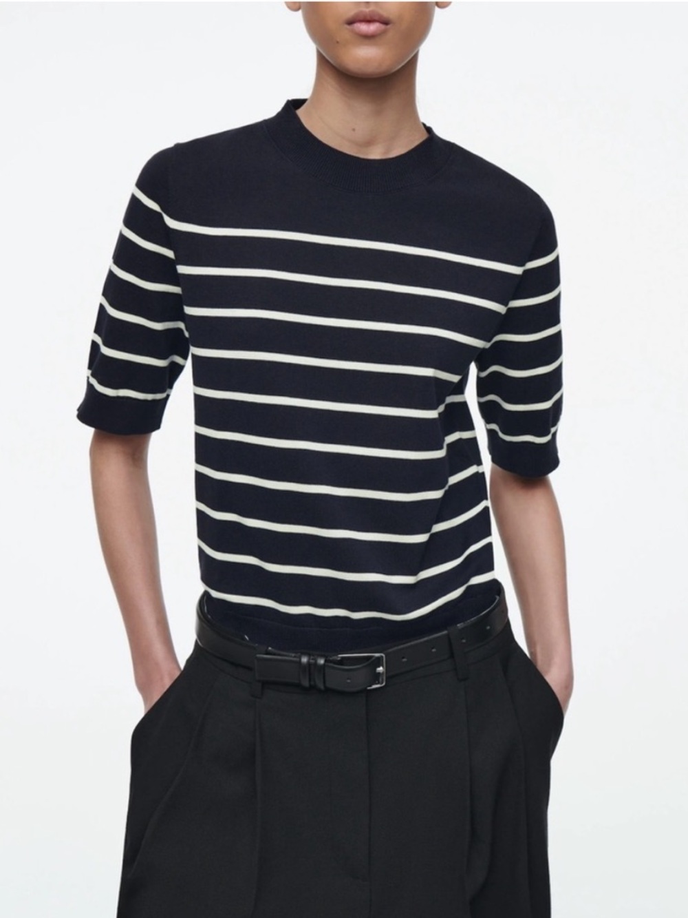 COS Regular Striped Knitted T-Shirt Navy White Size L